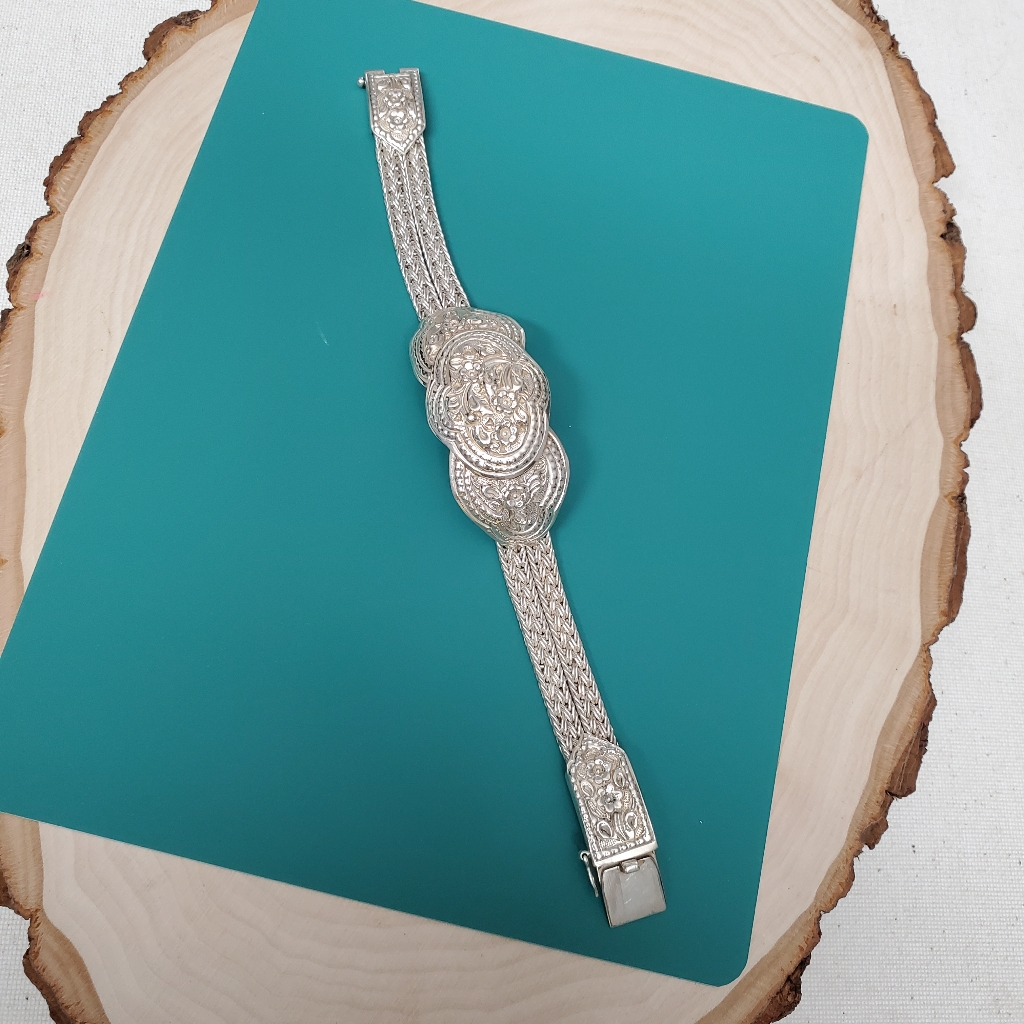 Sterling Silver 925 Floral Motif Braid Strap Bracelet (Victorian)